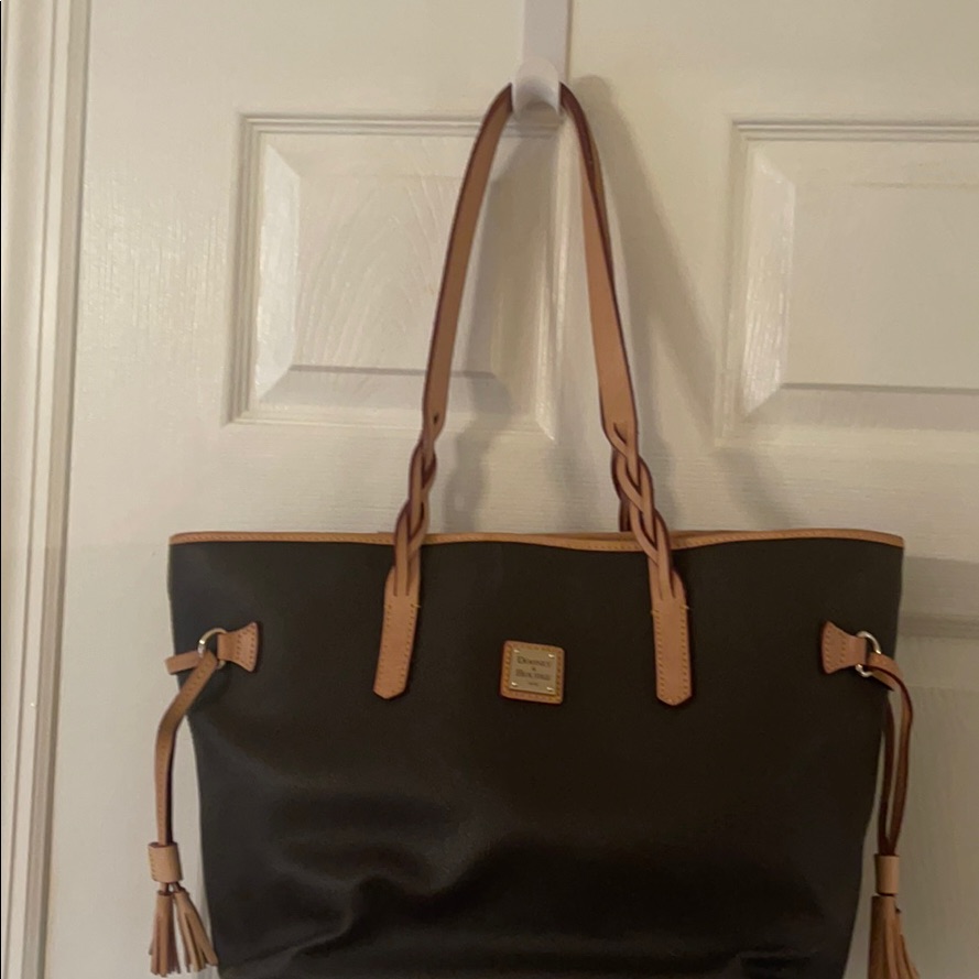 Shopper Tote. Brown/ Leather Handles. Red Inside